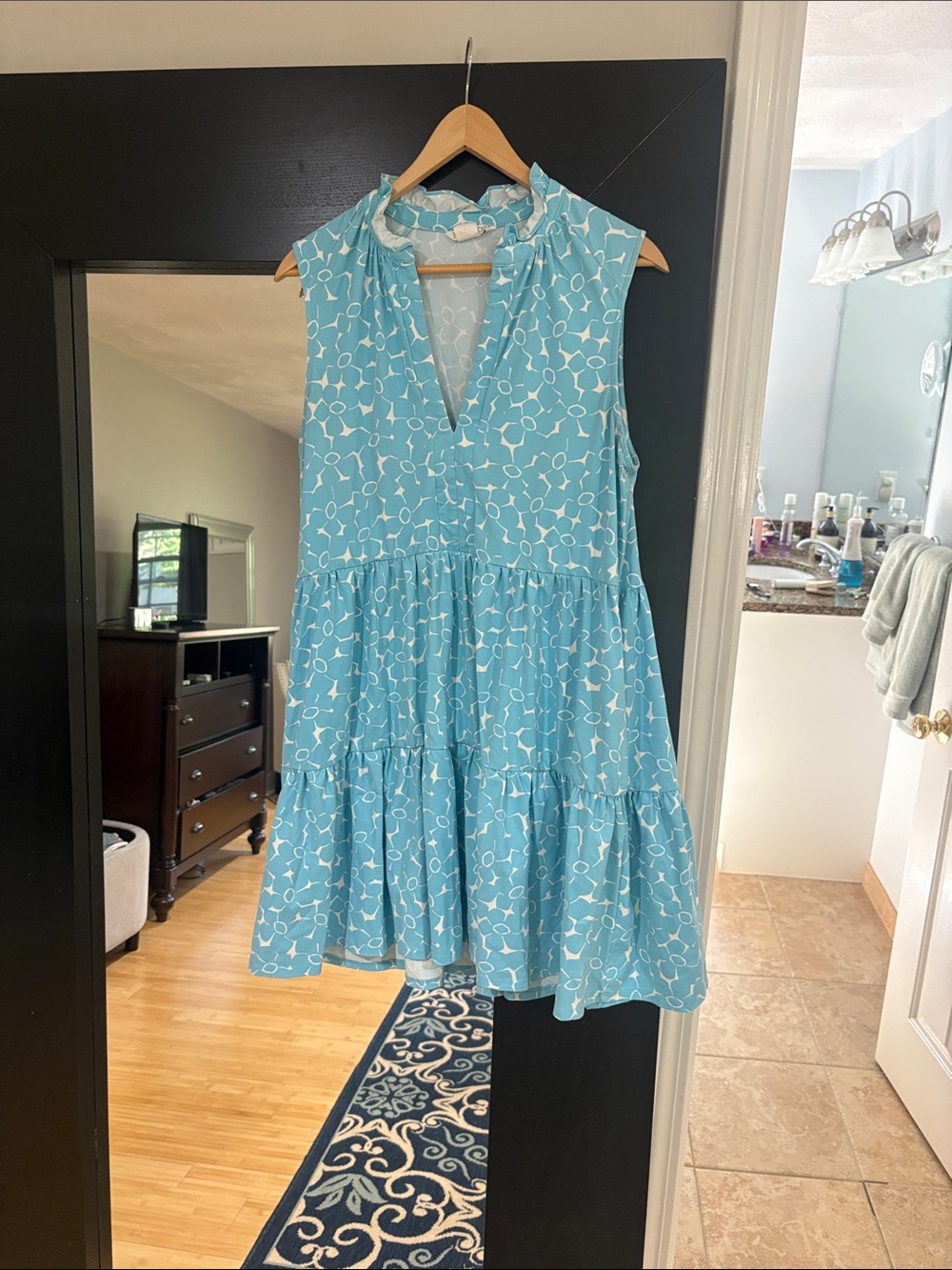 MAHI GOLD Aqua Blue Printed Sleeveless Tiered Mini Dress
